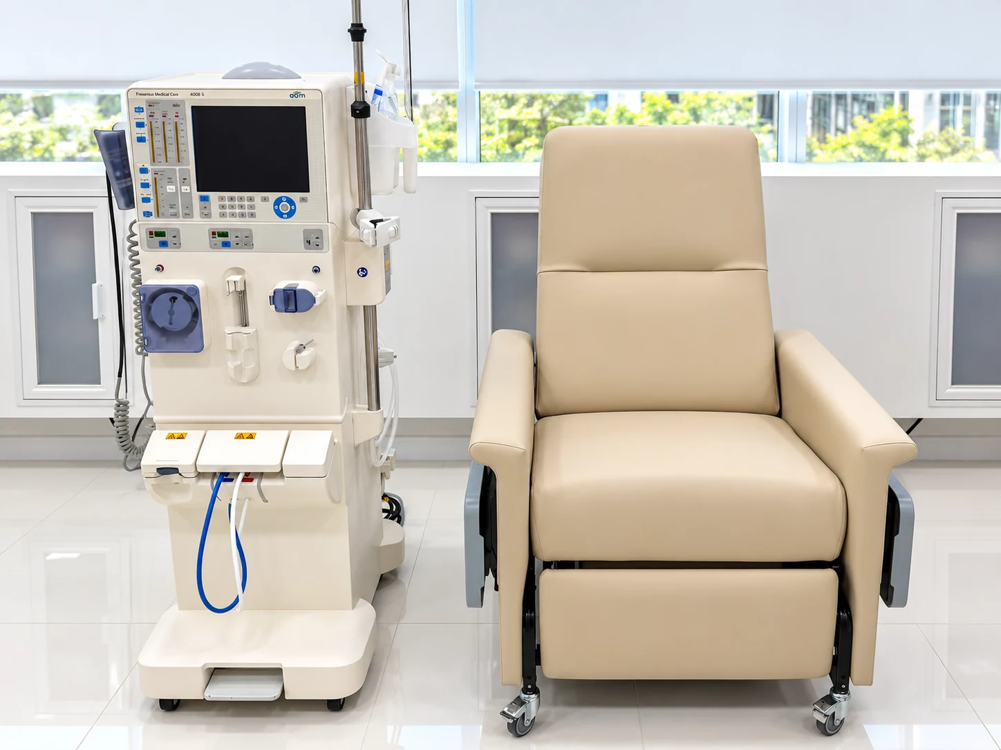 Sillón reclinable y máquina de hemodiálisis de la unidad