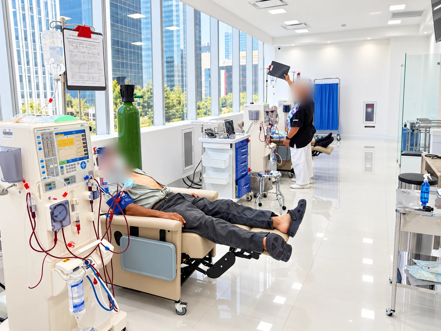 Sala de hemodiálisis con paciente y personal de enfermería